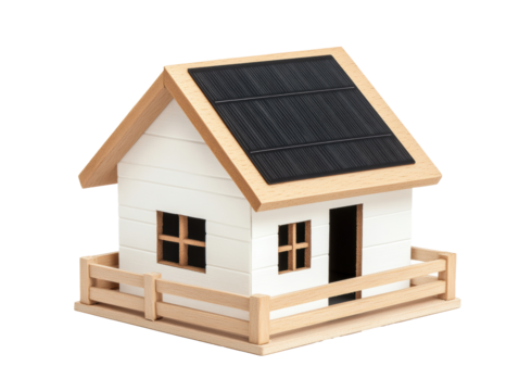 Sustainable home model with solar panels for eco-friendly design on a transparent background, cut out