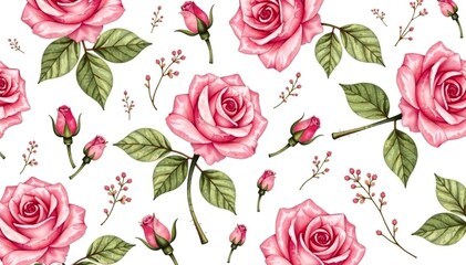 Delicate watercolor roses, leaves, and buds in a repeating pattern , floral pattern, flower