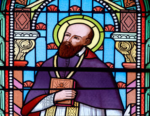  Stained glass of St. Francis de Sales or Saint Fran&ccedil;ois de Sales. Founder of the Order of the Visitation of Holy Mary (Visitandines).