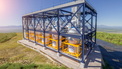 concept of a SMR small modular nuclear reactor power plant on a sunny day. SMR is a future energy concept. 3d rendering.