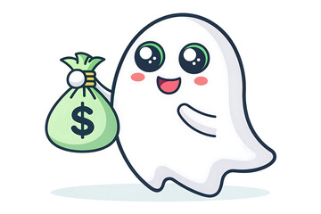 Obraz premium A cheerful, adorable ghost happily holding a money bag, showcasing its playful and endearing nature with clean line art and vibrant colors.