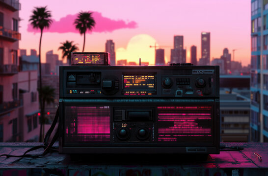 Retro Synthwave Vibes: Vintage Radio at Sunset Overlooking the City. A nostalgic blend of 80s aesthetics, urban landscapes, and neon-lit nights.