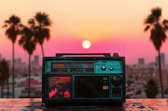 Retro Radio at Sunset: A Nostalgic Blend of Synthwave Vibes and City Lights