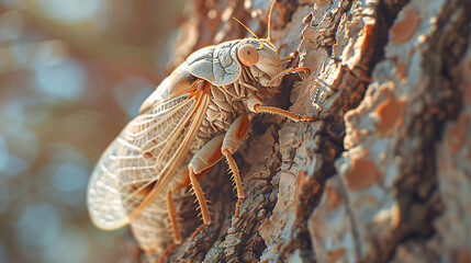 A close-up of a cicada exoskeleton attached to a rough, weathered tree trunk, showcasing the detailed texture and natural color of the molted shell