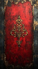Distressed Red Background with Ornate Gold Floral Design and Weathered Texture