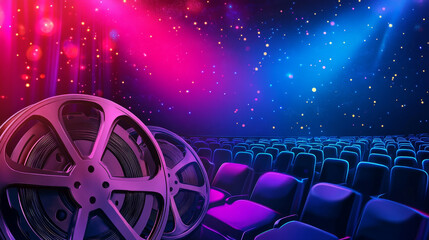 Modern colorful vertical cinema banners. Film, movie flyer or invitations set. Backgrounds with film tape, cinema theater armchairs and tape roll. Decoration for cinema tickets. Vector illustration