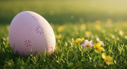 A Whimsical Easter Bunny Peeking from Behind a Painted Egg, Surrounded by Vibrant Wildflowers and Soft Golden-Hour Sunlight, with a Blue Spring Sky Above
