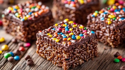 Delicious chocolate puffed rice bars on wooden table, top view