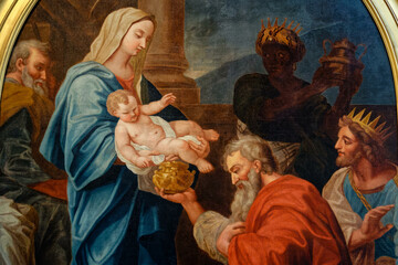 Painting of Christmas Nativity Scene : Adoration of the Magi as they present gifts of gold,...
