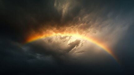 Naklejka premium A vibrant rainbow arcing across the sky after a refreshing rain shower.