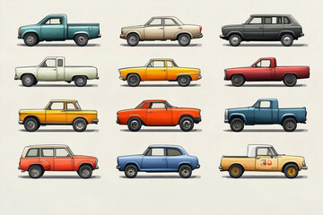 Diverse lineup of classic vehicles showcasing retro designs and colors