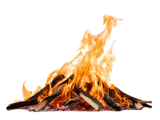 Vibrant flames dancing above a burning campfire at sunset on a transparent background, cut out