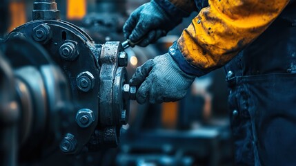 An engineer with a wrench, tightening bolts on heavy machinery.
