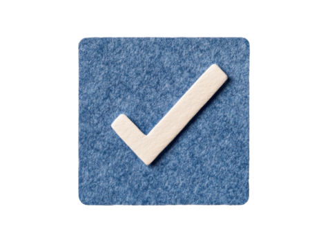 Blue background check mark symbol for confirmation on a transparent background, cut out