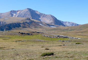 autumn in the mountains, yellowing foothill landscape, the beginning of the autumn period in nature, views of the area, walking along a dirt trail