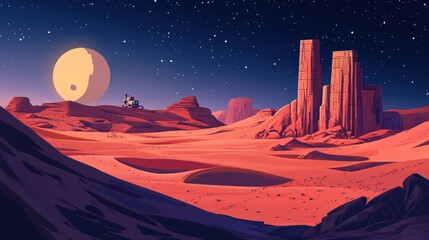 Naklejka premium Desert Landscape with Rock Formations Under Starry Night and Large Moon