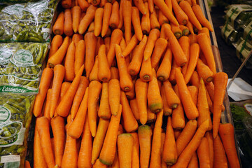 Orange colour carrots in bulk in a market in Indonesia