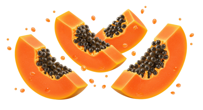 Papaya slices with juice splashes png isolated on transparent background - Powered by Adobe