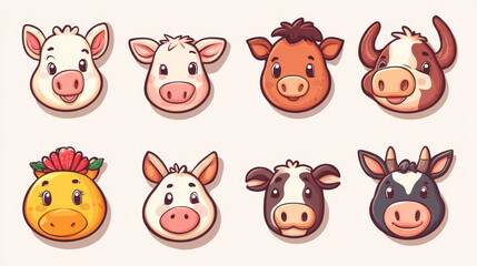 Obraz premium Set of butchery logo templates Cartoon farm animals with sample text. Retro styled toy farm animals black silhouettes collection for meat stores, groceries, packaging advertising. Vector butcher block
