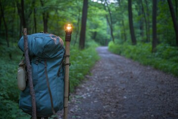 Fototapeta premium Backpack on a Trail with Lantern Surrounded by Lush Greenery