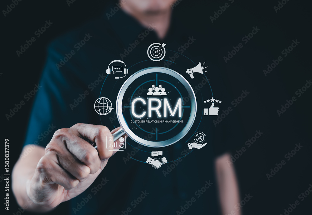 Wall mural crm system for customer relationship management. a person interacts with crm interface icons for sup