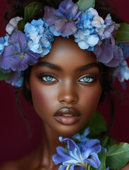 Portret kobiety w otoczeniu niebieskich hortensji. Artystyczny makijaż i kwiatowa stylizacja tworzą luksusowy, surrealistyczny efekt. Idealne do beauty, editorial i reklamy.