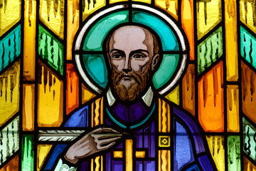 Naklejka premium Stained glass of St. Francis de Sales or Saint François de Sales. Founder of the Order of the Visitation of Holy Mary (Visitandines).
