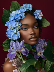 Portret kobiety w otoczeniu niebieskich hortensji. Artystyczny makijaż i kwiatowa stylizacja tworzą luksusowy, surrealistyczny efekt. Idealne do beauty, editorial i reklamy.