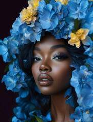 Portret kobiety w otoczeniu niebieskich hortensji. Artystyczny makijaż i kwiatowa stylizacja tworzą luksusowy, surrealistyczny efekt. Idealne do beauty, editorial i reklamy.