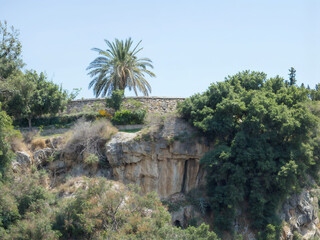 Obraz premium Rocky seashore with ancient stone walls, overgrown with green vegetation