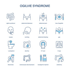 Ogilvie Syndrome symptoms, diagnostic and treatment vector icons. Medical icons.