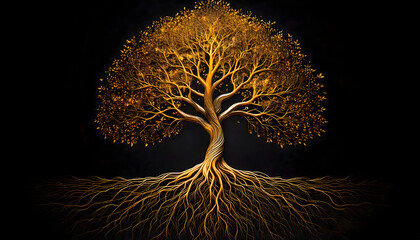 Mystical Tree of Life with Radiant Golden Branches and Roots

