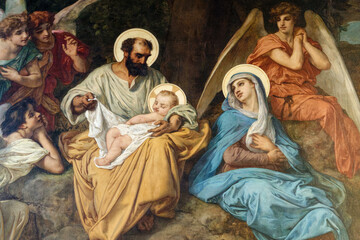 Painting (19th century) of Christmas Nativity Scene with Saint Joseph holding baby Jesus.