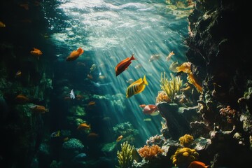 Naklejka premium Vibrant Tropical Fish Reef Aquarium Underwater Scene Colorful Ocean Life Sea Coral World Image 