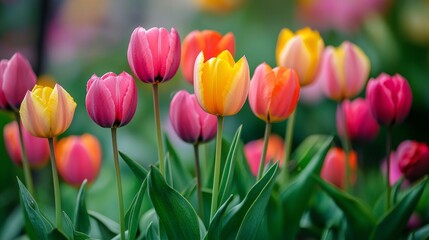 Obraz premium A bunch of colorful tulips are in a field