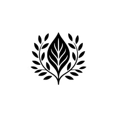 Minimalist Leaf Emblem: Black & White Nature Icon on White Background