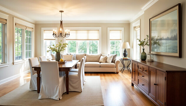 Elegant Dining Room with Large Windows and Hardwood Floors.