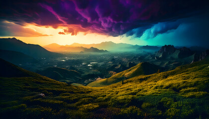 Majestic Sunset Over Rolling Hills with Dramatic Storm Clouds

