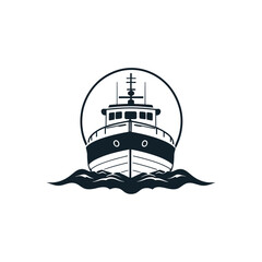 A black and white vector silhouette of a lifeboat floating on calm waters, with oars inside on a white background