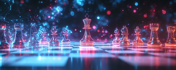 Fototapeta premium Glowing chess pieces on board