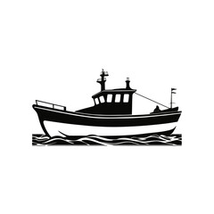 A black and white vector silhouette of a lifeboat surrounded by waves, symbolizing survival and safety on a white background