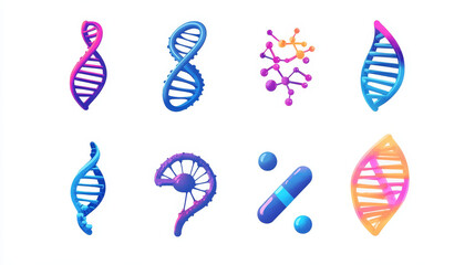 DNA molecule sign set, genetic elements and icons collection strand. Graphic illustration