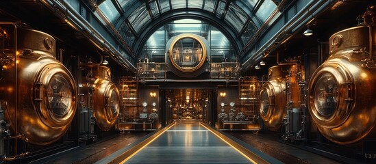 Fototapeta premium Steampunk Engine Room Corridor, Industrial Interior
