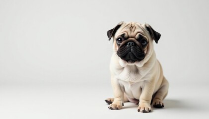 Obraz premium A single, charming pug against a stark white backdrop, domestic, lying down