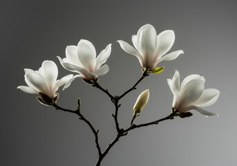 Obraz premium A delicate magnolia branch with several open blossoms against a gray studio backdrop setting