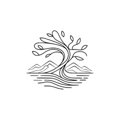 Minimalist Tree & Mountains: Line Art Logo Design