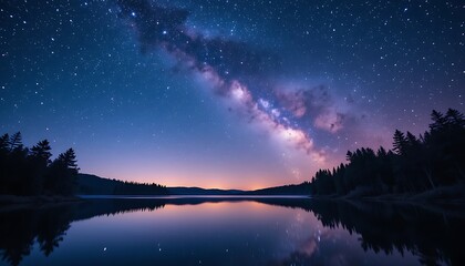 Milky Way Reflection Over Calm Lake at Night in Forest Setting