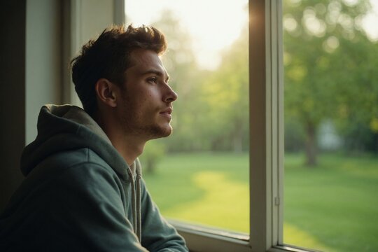 Hopeful Young Man Looking Through a Window at a Green Expanse, Contemplating the Future with a Sense of Peace - Powered by Adobe