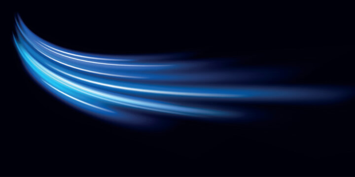 Blue wind waves effect. Abstract light motion trails with sparkles isolated on black background. Light blue Twirl. Curve light effect of blue line. Luminous blue circle.