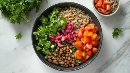 A chef preparing a high-protein vegetarian meal with legumes, quinoa, and fresh greens, gourmet presentation,